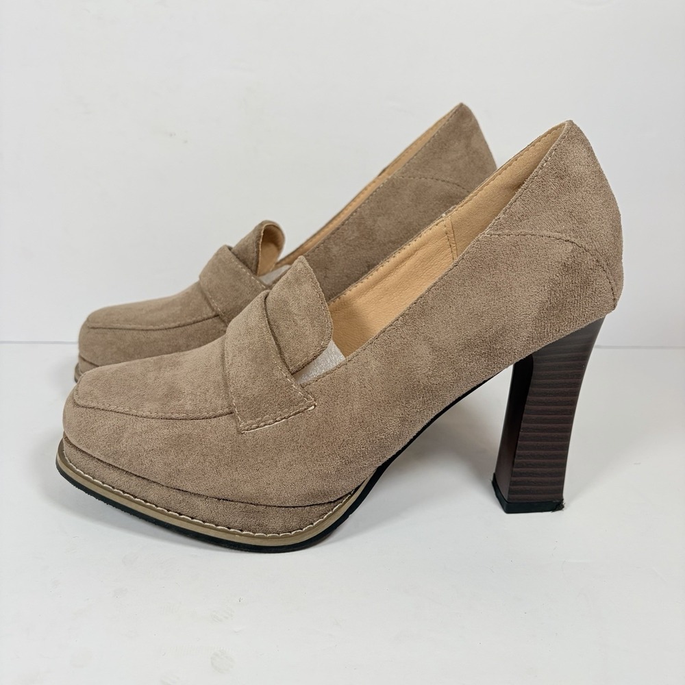 NEW Loafer Block Heel Pumps in Taupe Brown Suede-Look Women's 40/US 9